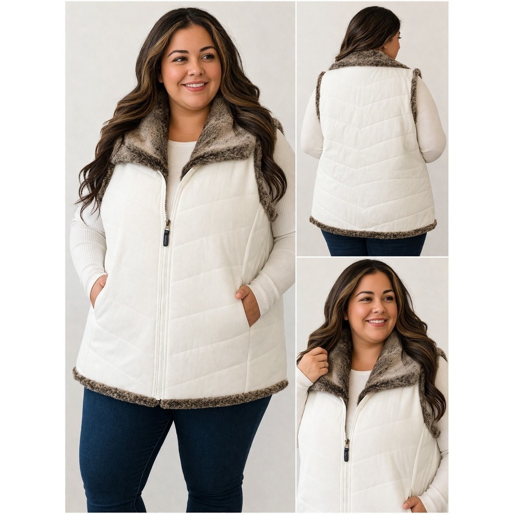 Dollhouse Women's 2X Ivory Quilted Zip Vest Faux Fur Trim Plus Size NWT